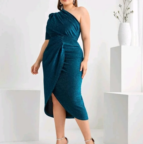 SHEIN | Dresses | Shein Plussize Shoulder Ruched Asymmetrical Hem Glitter  Dress | Poshmark